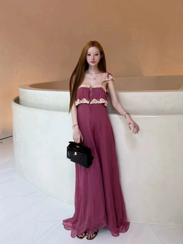 XZY Lace Trim Halter Dress Women's plus Size Spring Island Vacation Style Slimming Long Dress French Style A-Line Skirt