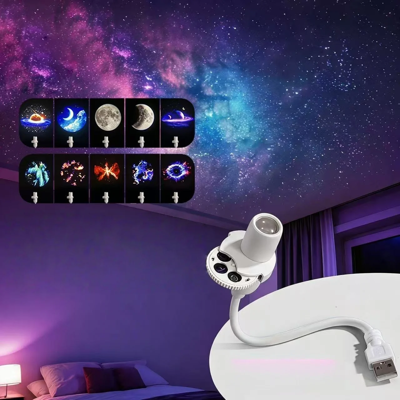 5/10/15 Patterns Starry Sky Light Bedroom Creative LED Night Light  360 ° Rotating USB Moon Projection Light Atmosphere Lamp