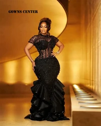 Black Short Sleeves Aso Ebi Luxury Evening Dresses 2024 Beaded Rhinestones Mermaid Party Gowns African Ladies Dress Customized