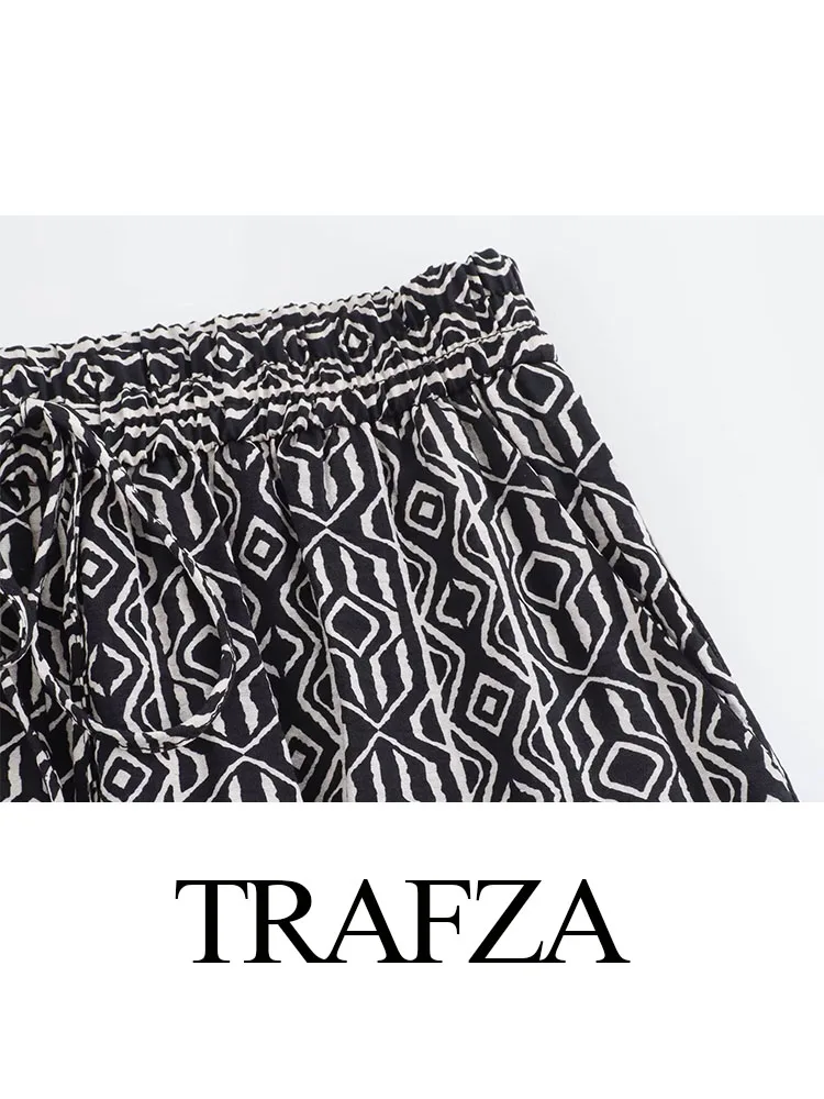 TRAFZA Trousers For Women Summer Elegant Printed Side Pockets Decorated Elastic Waist Wide Leg Pant Lace-up High Street Mujer