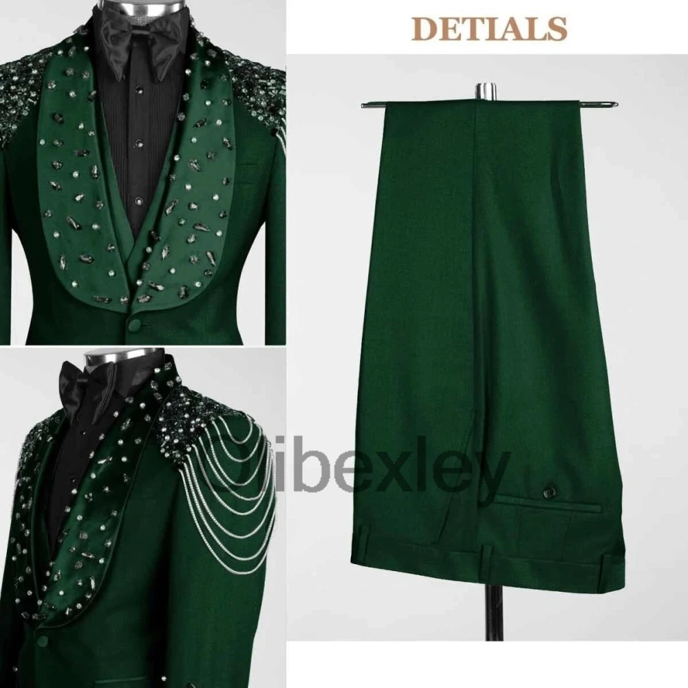 Olibexley 2027 Navy Blue Crystals Beading Men Suits High-end Groom Wedding Tuxedos 3 PCS Sets Male Prom Blazers Customized S436