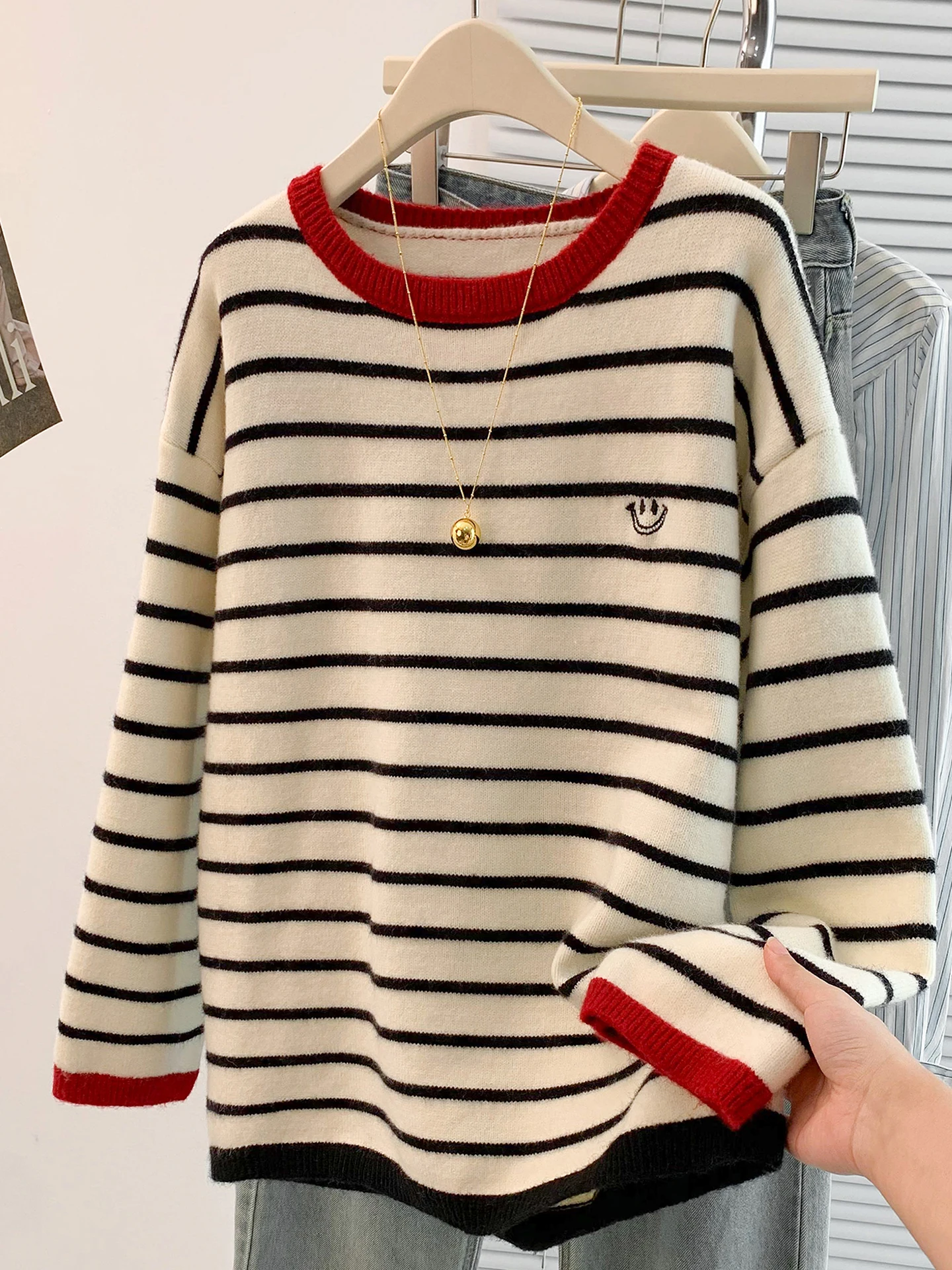 فضفاض محبوك جولة Ne سترة المرأة مكافحة الشيخوخة الشتاء أعلى البطن إخفاء اللون بلو مخطط الكورية Sle الملابس الداخلية #1