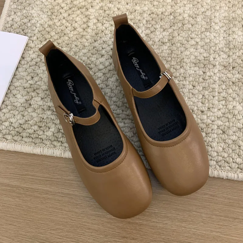 

2024 Brown Autumn Women Flat Shoes Fashion Round Toe Shallow Slip On Mary Jane Shoes Flat Heel Ladies Elegant Outdoor Ballerinas