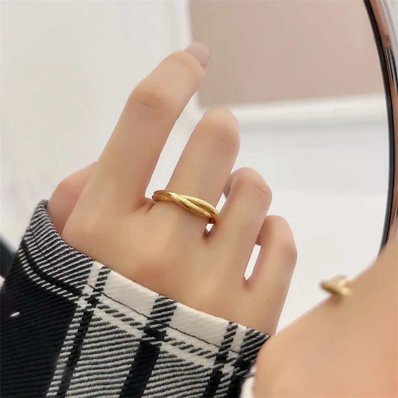 Stainless Steel Rings For Women Men Gold Color Two Line Twisted Ring Female Male Party Finger Jewelry 2023 Trend Free Shipping