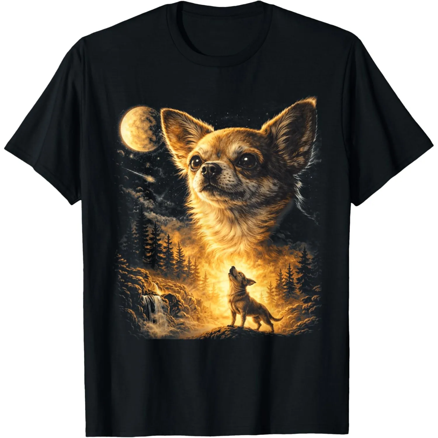 Chihuahua Howling at Moon Graphic Tee Mystical Forest Landscape Print Casual Short Sleeve T-Shirt