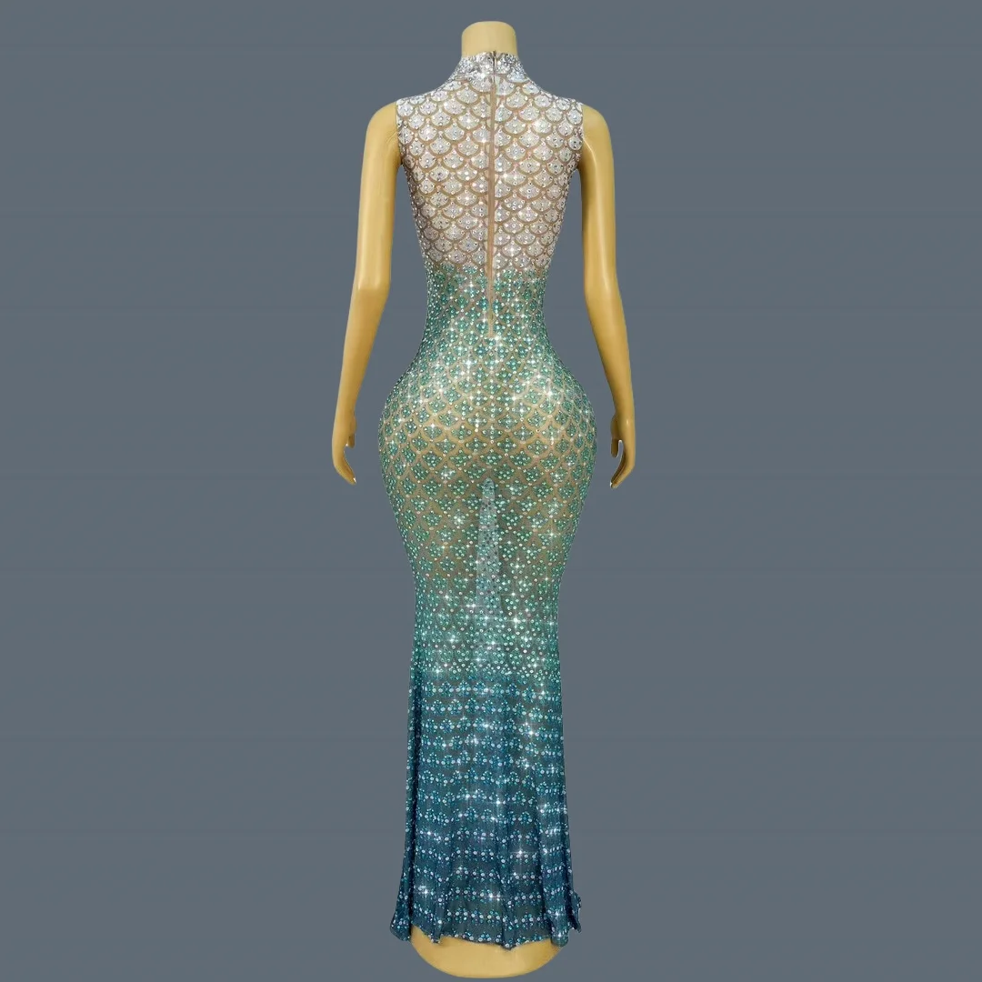 Trendy Gradient Sparkling Crystal  Sheer Mesh Long Dress Sexy High-end Skinny Evening Dress Birthday Night Party Outfit Qingshe