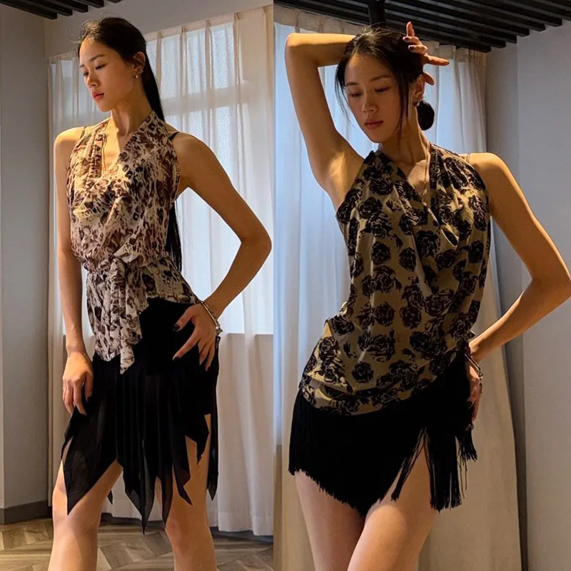 

Новая одежда для латинских танцев, женские топы с цветочным узором и бахромой, юбка с бахромой, одежда для взрослых для занятий румбой, ча-ча-ча, DNV26639