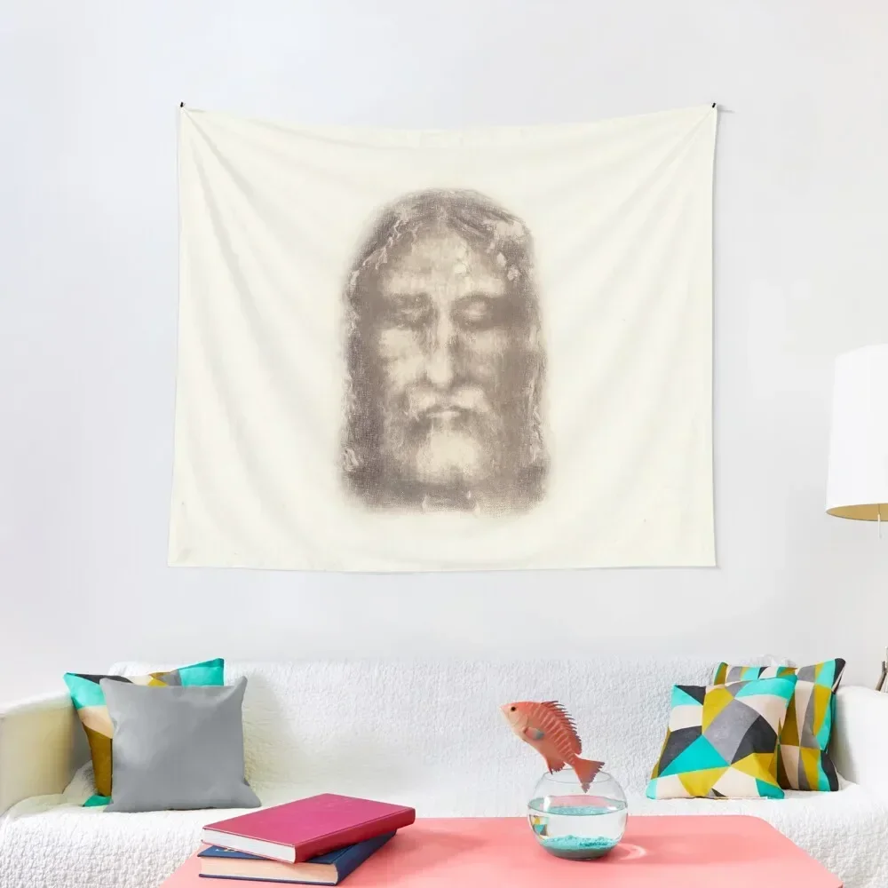 

Shroud of Turin Face of Jesus Christ with Crown of Thorns Beige Vintage Background Painting HD High Quality Tapestry