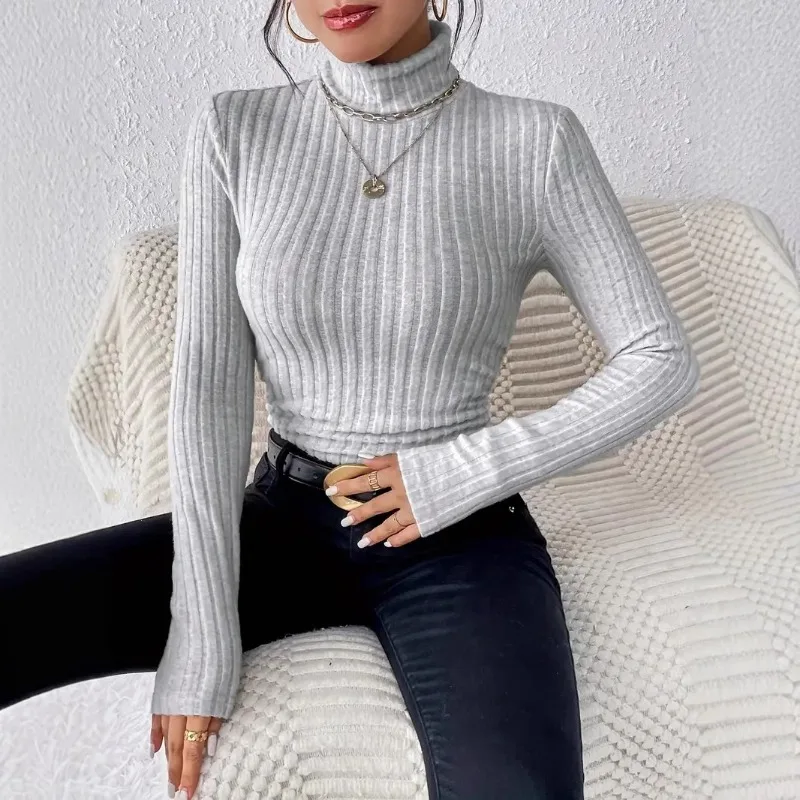 

Women's Autumn and Winter High Neck Solid Color Casual Temperament Long Sleeves Hairy Pit Knitted T-shirt Top