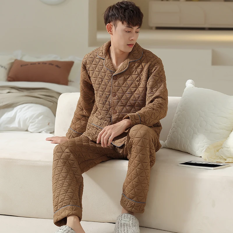 

Pajamas men's autumn and winter long-sleeved laminated air cotton home service male warm big yards thin 3 layers quilted suit