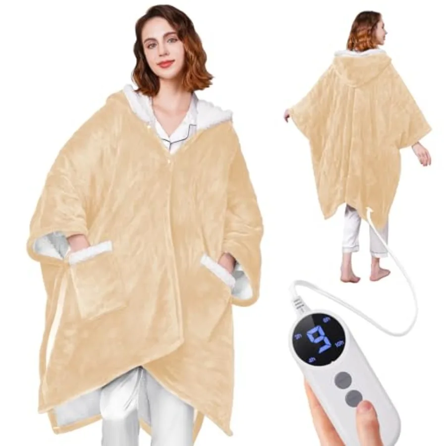 

Wearable Heated Blanket - Cozy Gift for Women Mom Men Reversible Flannel and Sherpa Electric Robe with Pockets and Hood 9 Heat