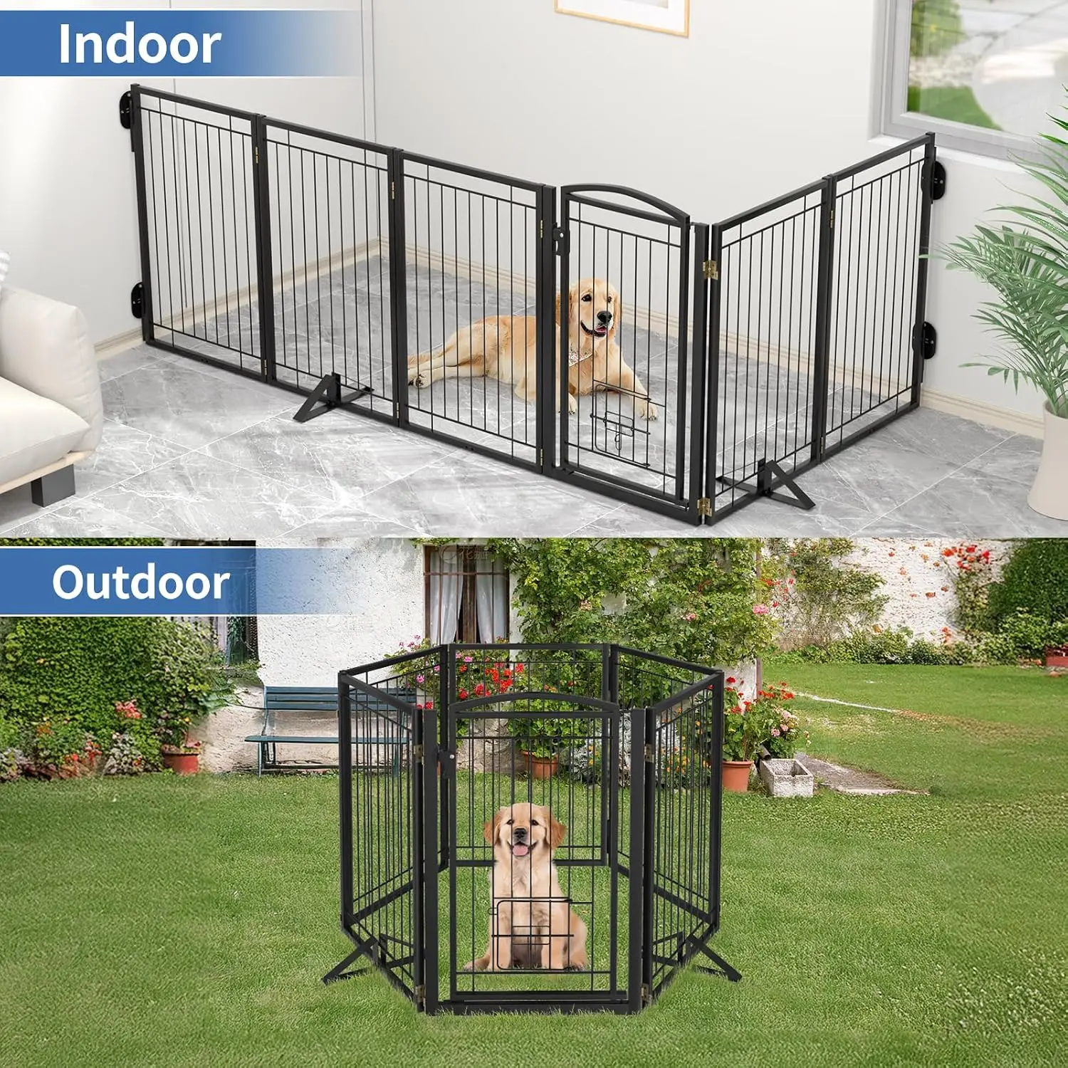 Full Metal Freestanding Dog Gate Cat Door Indoor Outdoor 32 Inch Tall Foldable Fence 120 Inch Extra Wide Free Standing Pet Barri