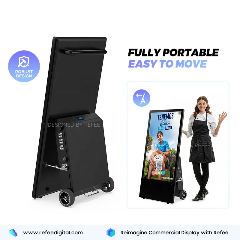Batterijaangedreven voeding LCD-poster 43-inch draagbaar digitaal reclamebord reclamescherm met beweegbare wielen