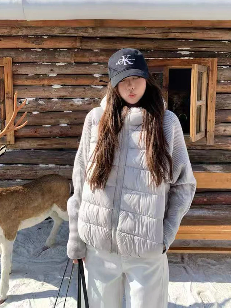 Casacos de parka de retalhos de malha feminino coreano inverno quente falso 2 peça emenda para baixo jaqueta y2k solto casual hoodie puffer outwear