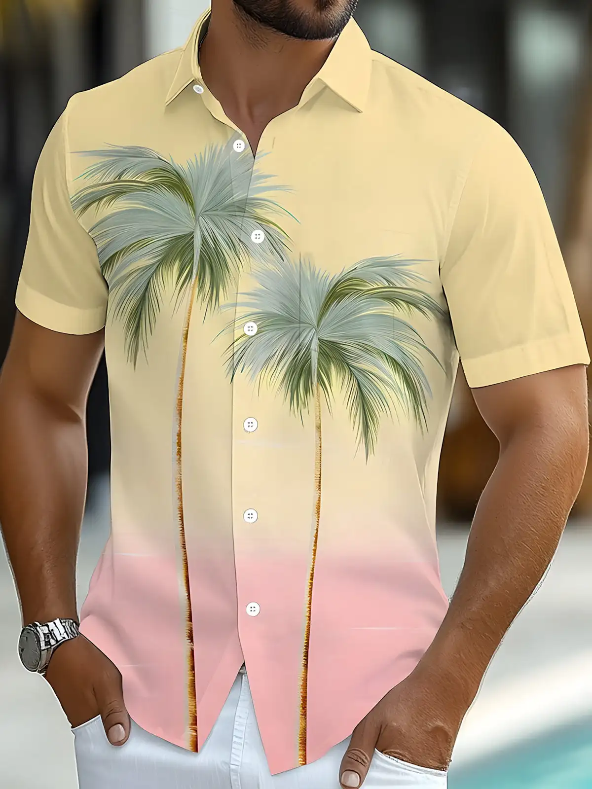 New Hawaii Spring/Summer Fashion Leisure Street Walk Tourist Beach Printed Full Open Short Sleeve Button Shirt, Quick Shipping