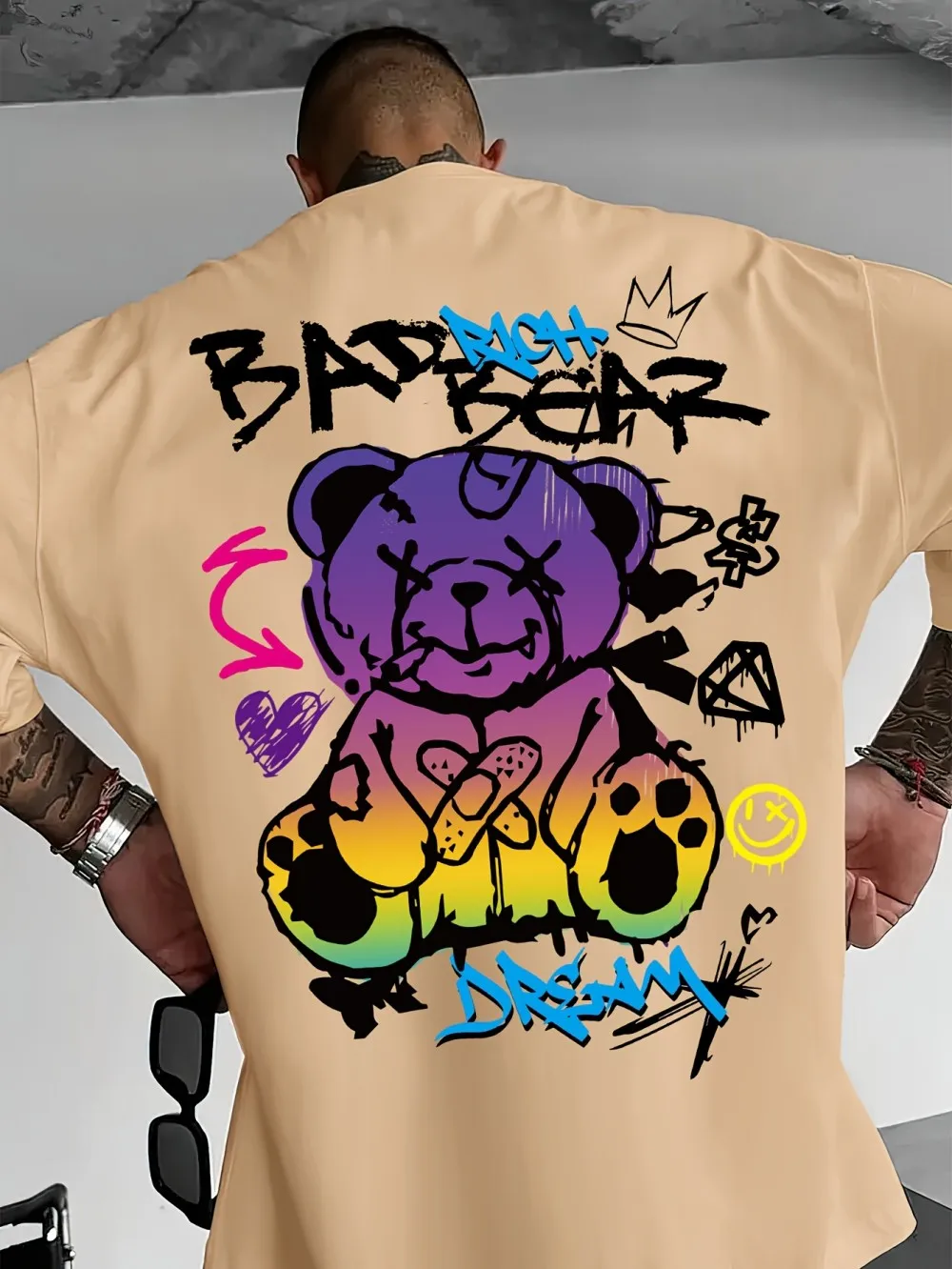 American Men's Summer Teddy Bear Graffiti Letter Print Comfortable and Breathable Round Neck T-Shirt Outdoor Street Top