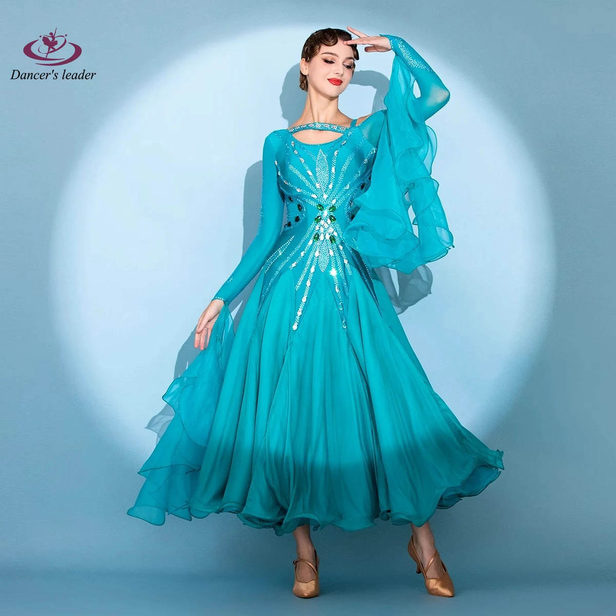 Latin Dance Diamond Vrouwelijke Volwassen Kinderen High-end Aangepaste Blues Mesh Grote Rok Wals Prestaties Hoge Flash Jurk