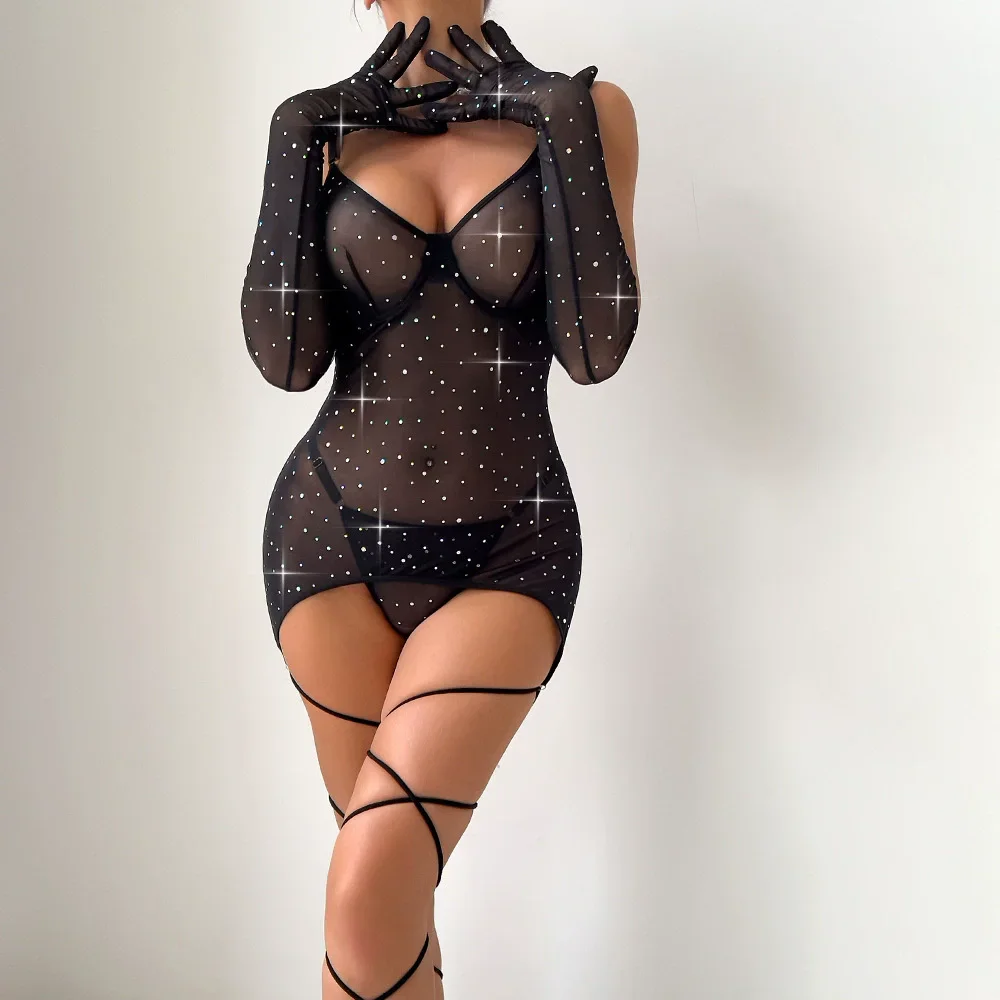 

Hot Sexy Stunning Female Black Transparent Shiny Rhinestone Mesh High Elastic Lingerie Set with Gloves Underwear Nigth Wear