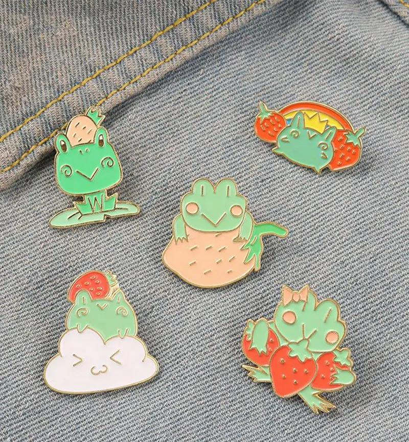 Broches personalizados de rana, fresa, hoja de loto, Pin de solapa de bolso, insignia de Animal de dibujos animados, regalo de joyería para niños, Pin de esmalte Quack para amigos