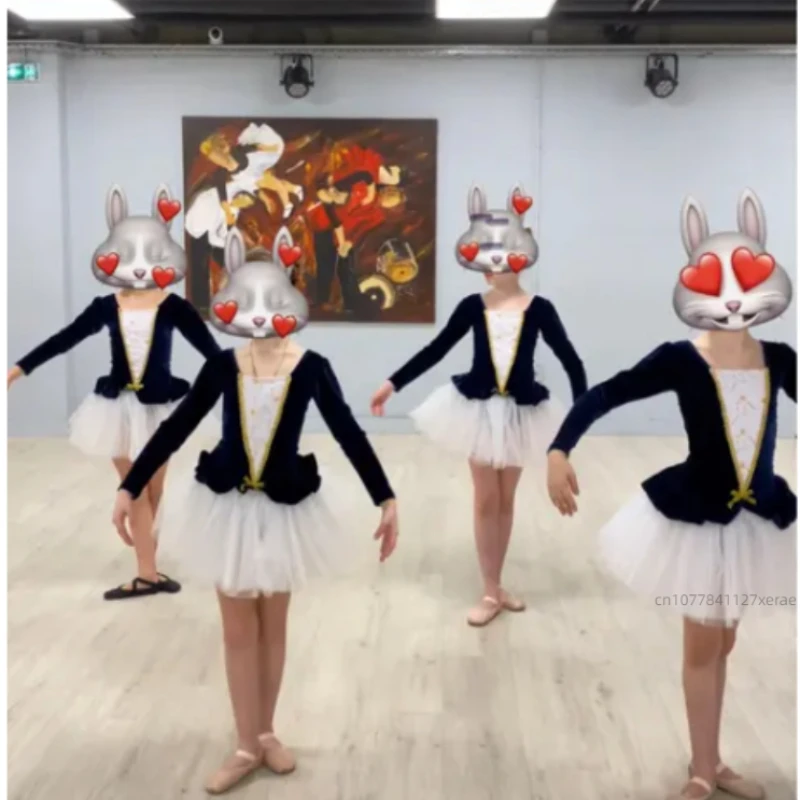 Children's Ballet Dance Costume, Girls' Gold Velvet One-piece Fluffy Skirt, Long Sleeved Ballet Dance Practice Costume