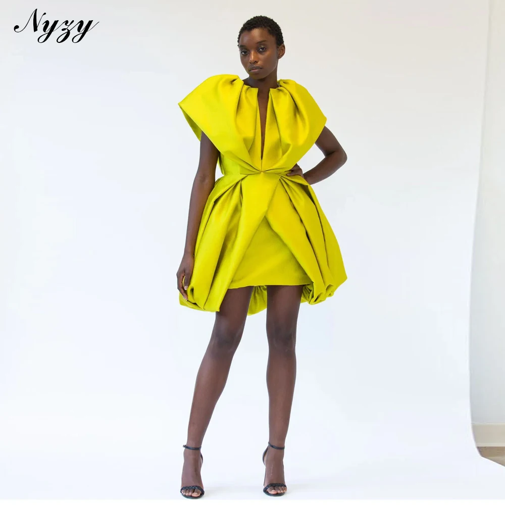 NYZY C644 Couture атласные плиссированные короткие женские платья Африканские вечерние платья Вечерние коктейльные платья желтого цвета