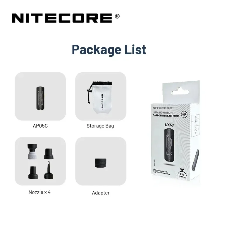 NITECORE AP05C Воздушный насос из углеродного волокна Легкий портативный электрический насос для накачивания для кемпинга на открытом воздухе