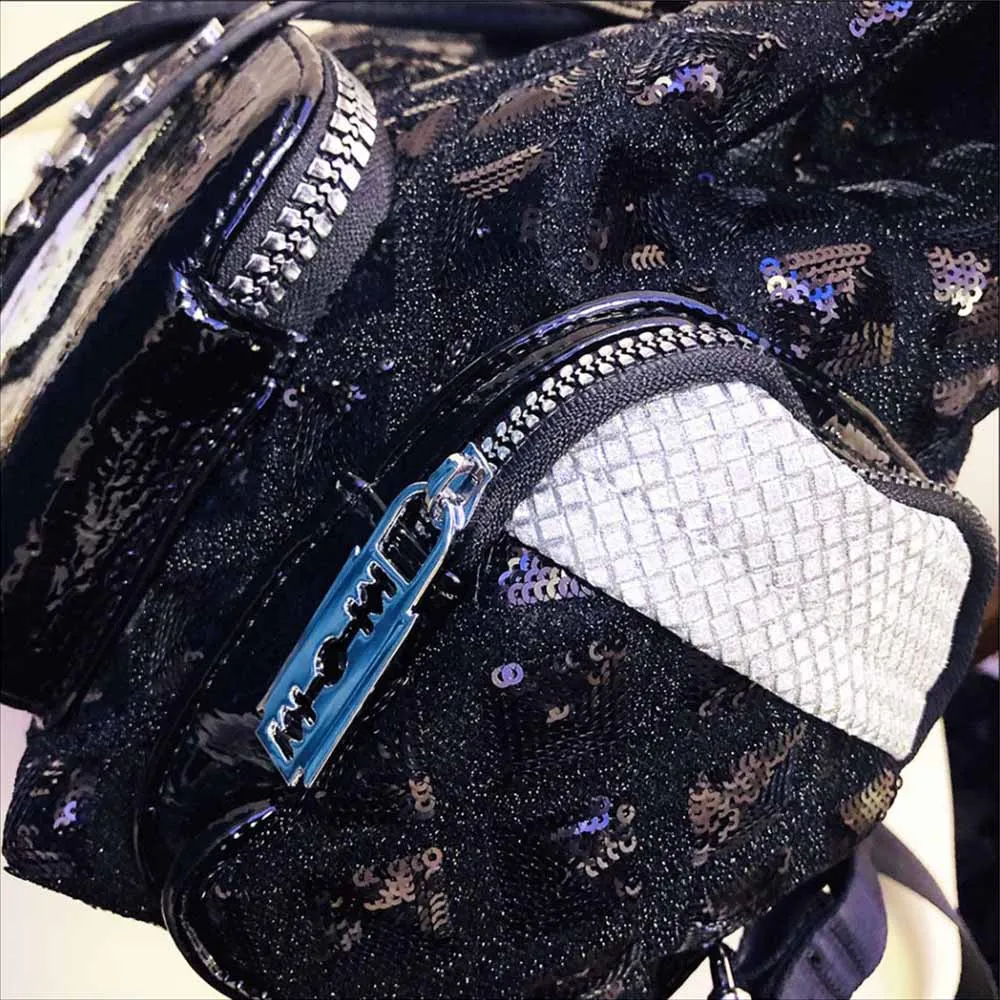 Women Fashion Genuine Leather Backpack 2022 Shiny Rhinestone Diamonds Schoolbag Large Capacity Daily Feminine Black Knapsack Bag