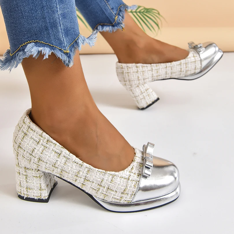 Plus Size Tweed Plaid Bow Tie Mary Jane Shoes Breathable Shallow Cute Sweet Thick Heel Silver Girl\'s Pumps Champagne Muller Shoe