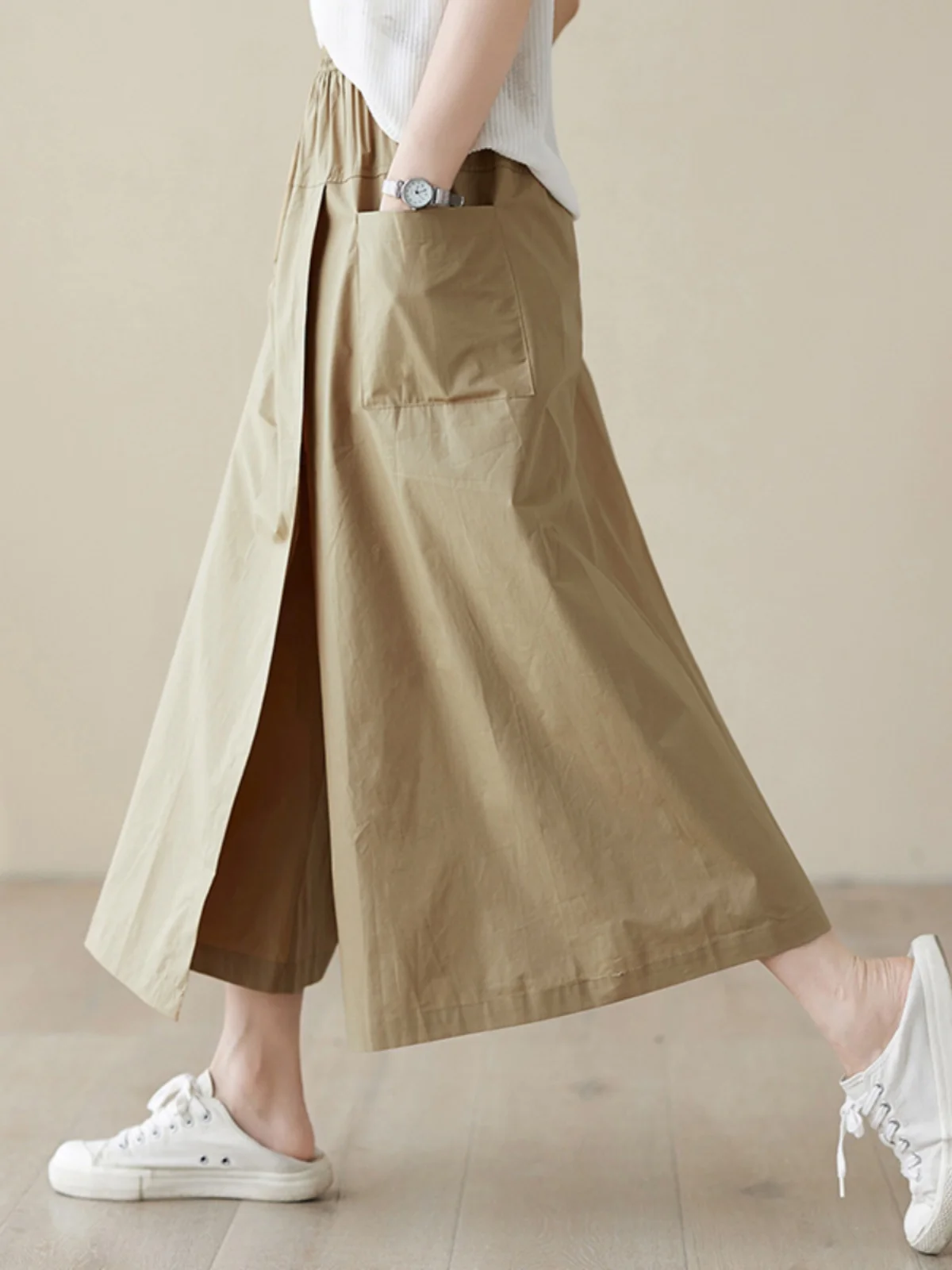 High Waist A-Line Midi Skirt Cotton Linen Spring Summer New Style Women's Workwear Drawstring Flared Skirt Versatile Skirt