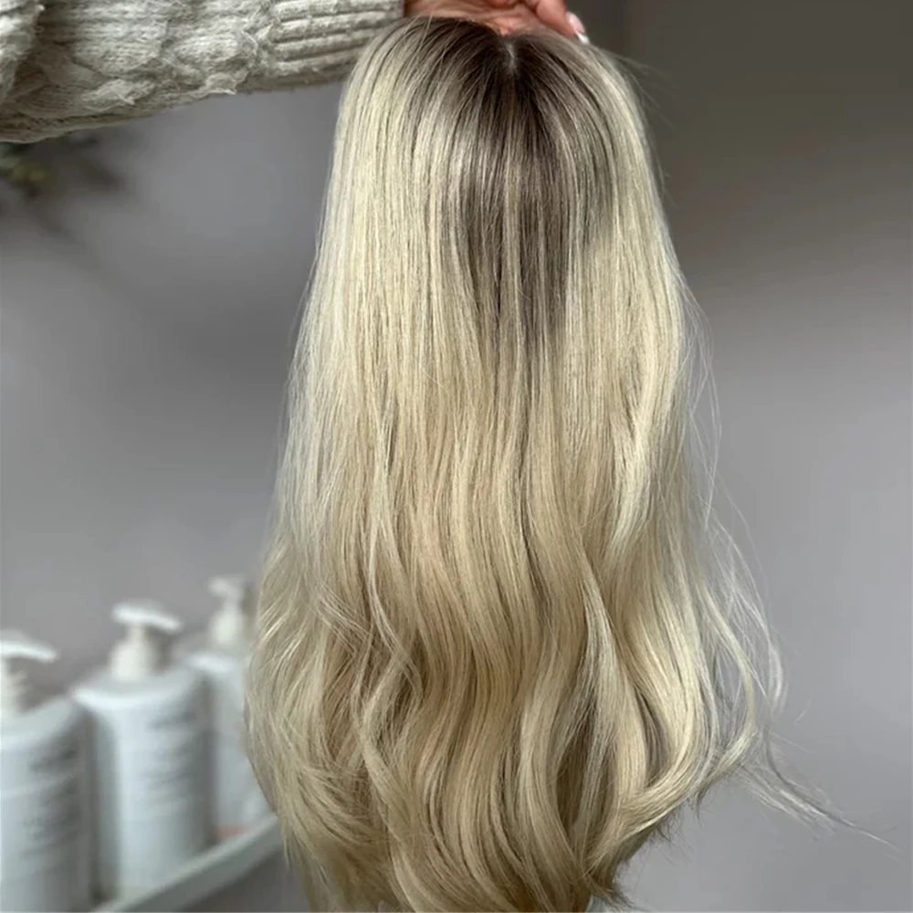 

Creamy Blonde Wavy Synthetic Lace Front Wig Glueless Long Hair for Women Wear And Go Style Heat Friendly Glueless Wig Ash Roots