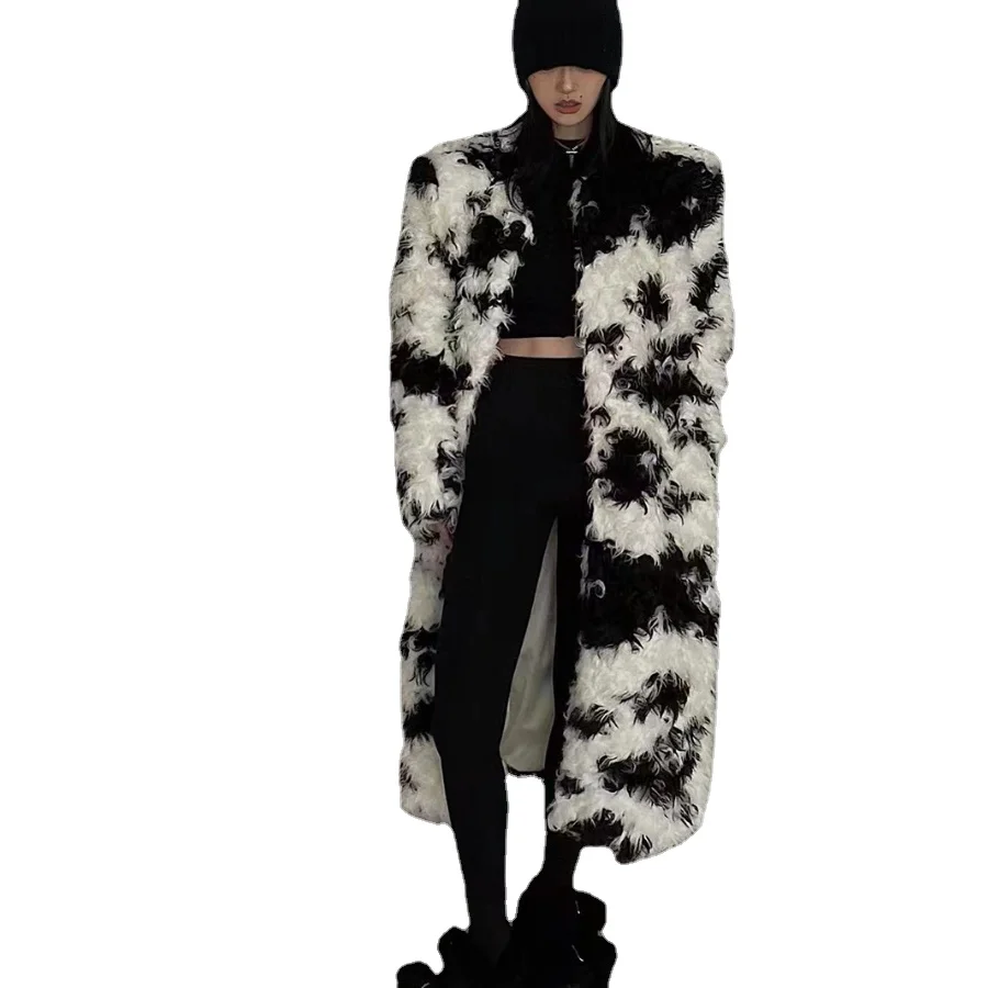 Cow Flower Lamb Fur Coat Women\'s Clothing Printed Black White Thick Warm Faux Fur Outer Wear Winter Fashion Street Long Coat 1Pc