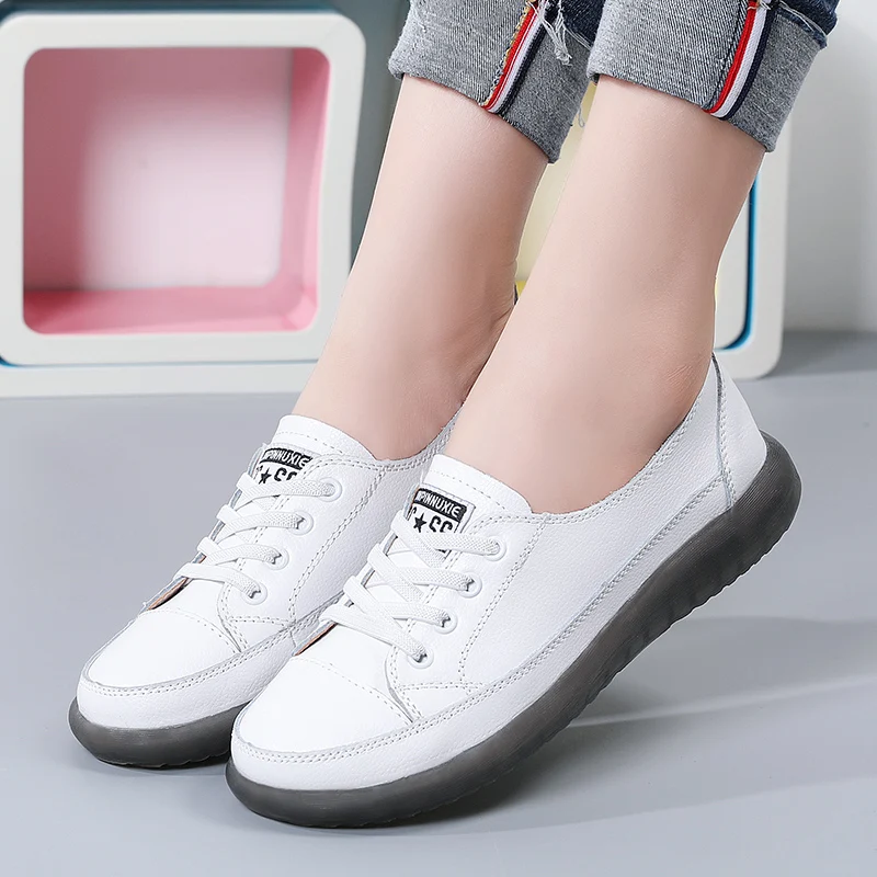 New leather single shoes women sports casual flat shoes soft soles comfortable lace-up women's shoes all fashion students