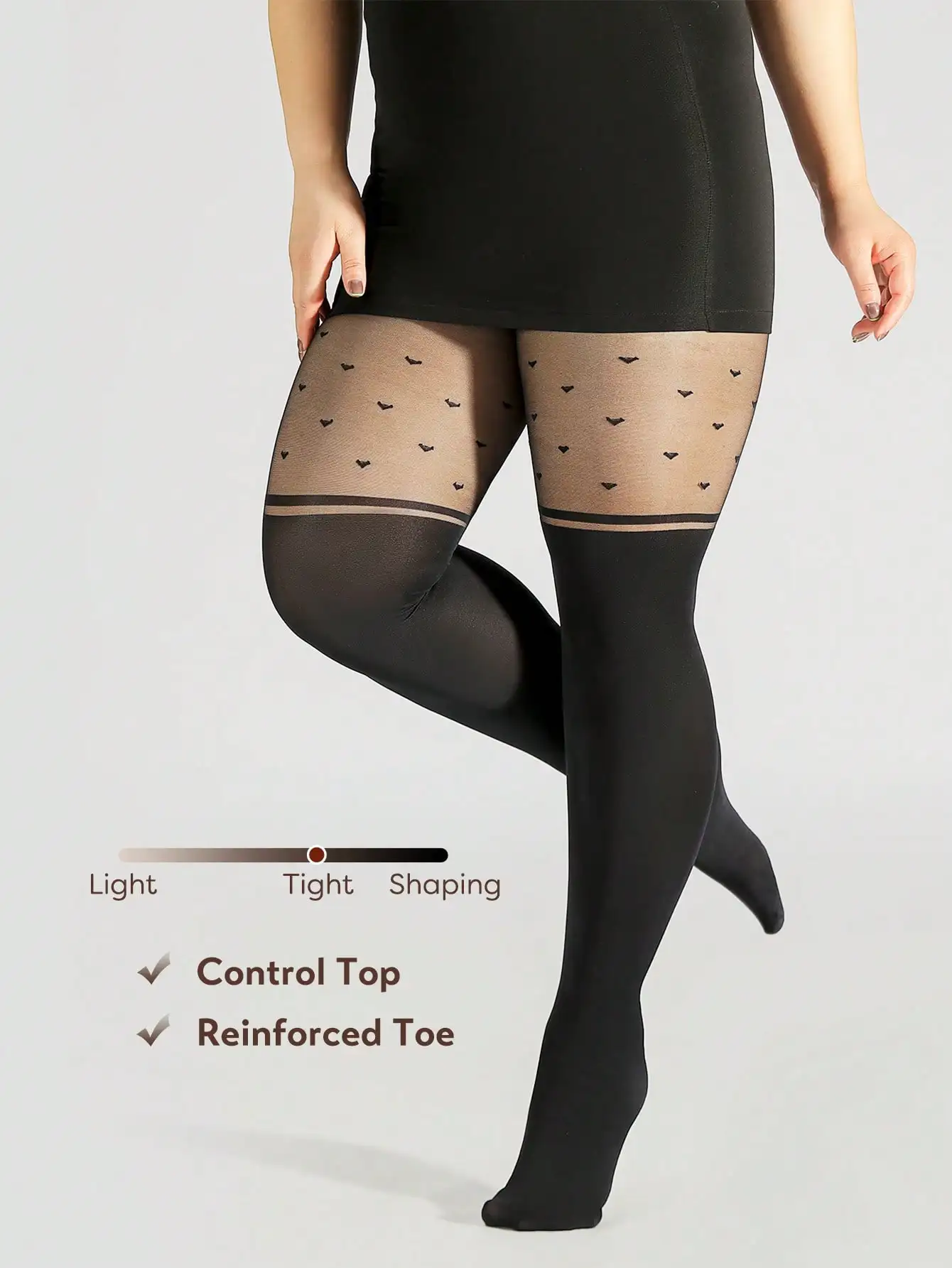 1Pc Plus Size Control Top Sheer Black Faux Thigh High Heart Pattern Tights Summer Autumn