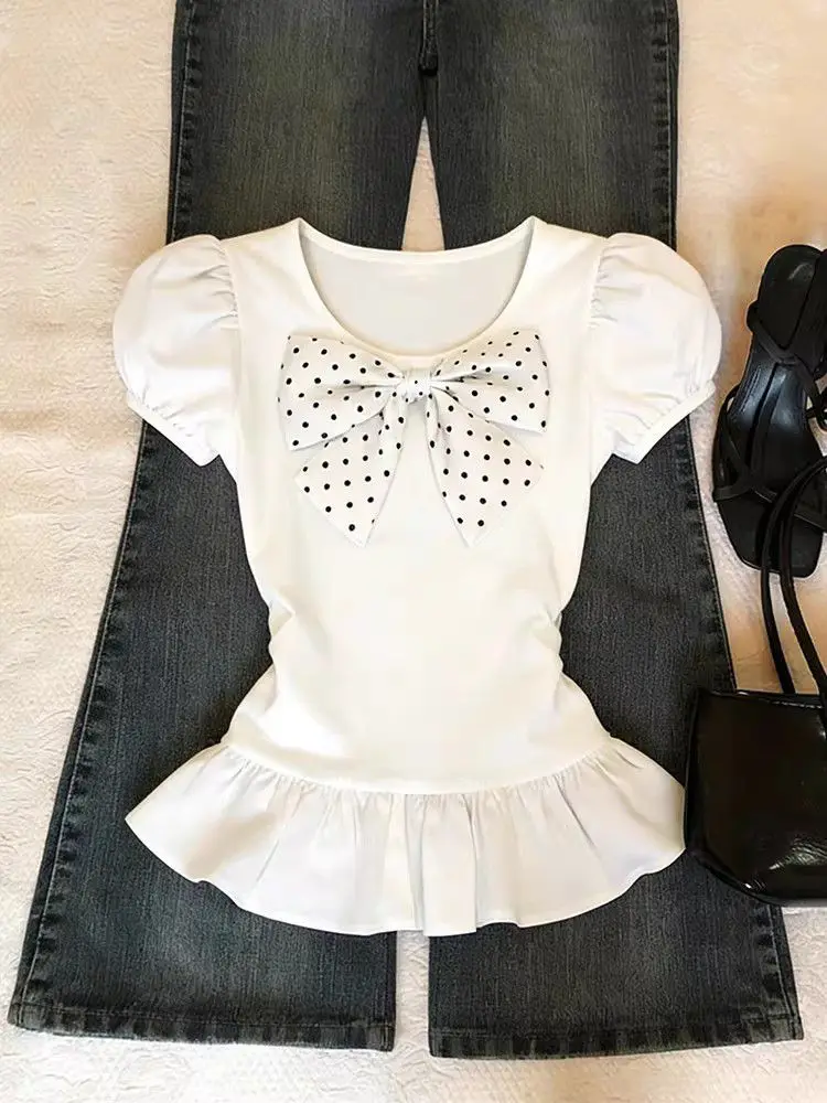 Women's Summer Elegant Blouse Puff Sleeve Peplum Top Oversized Bow Detail Slim Fit Retro Shirt women t shirt aesthetic clothes