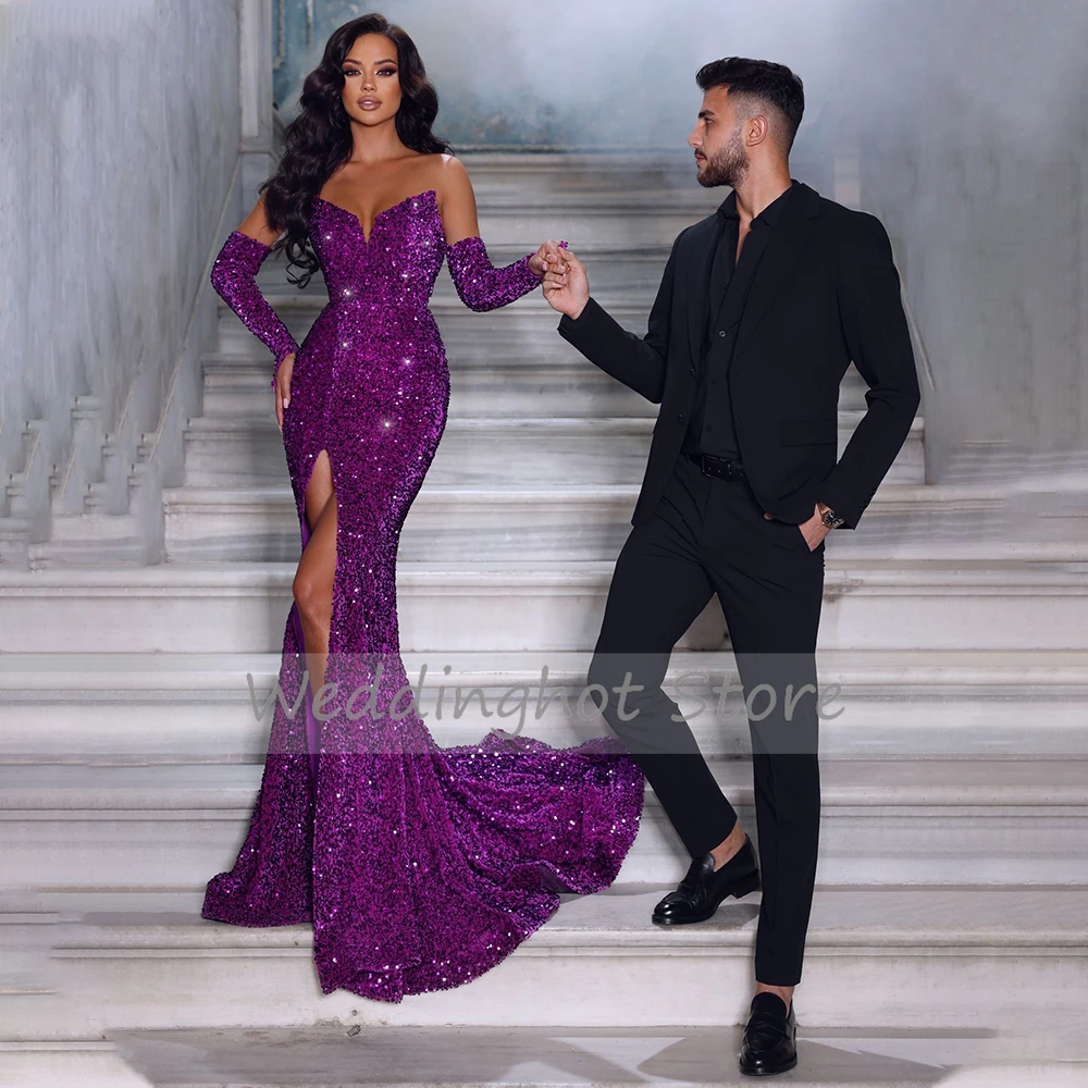 Royal Blue Evening Dresses for Women Sequin V Neck Side Slit Sexy Gown Long Mermaid Backless Sparkly Formal Party Dress