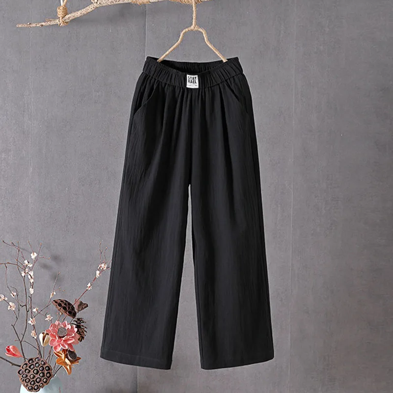 Sommerliche, lockere Freizeithose für Damen, bequem, atmungsaktiv, elastische Taille, weites Bein, einfarbig, vielseitig kombinierbar, Baumwoll-Leinen-Hose – Detail 9