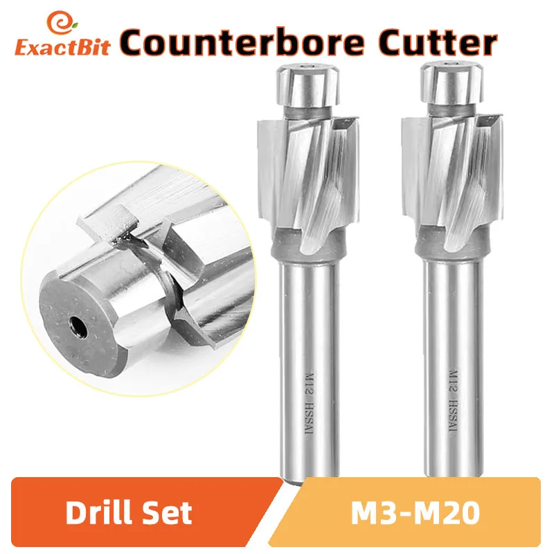 Piloted Counterbore Cutter HSS Flat Bolt Hole Cap Screw Countersink Milling Tool 4 Flutes Pilot M3 M20 Spot Router Slot Drill