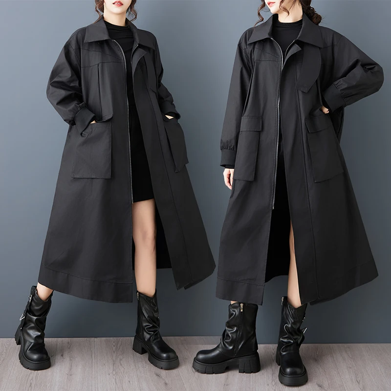 SuperAen Spring and Autumn New Korean Style Loose Black Design Three-Dimensional Pockets Long-sleeved Long Coats