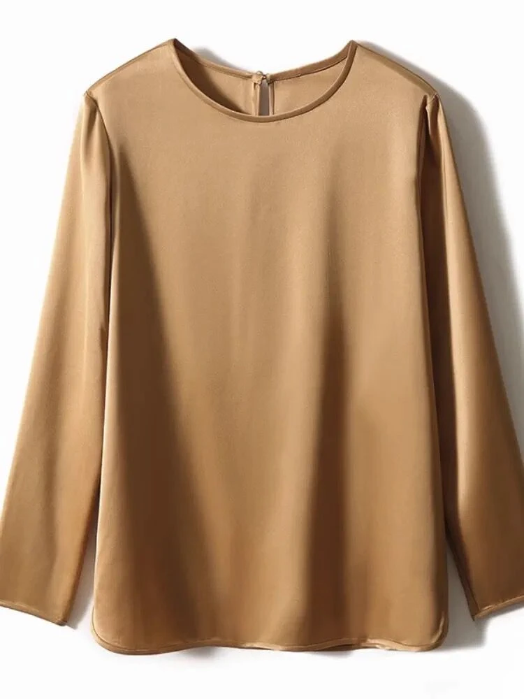Korean fashion simple long sleeved acetate satin T-shirt,Spring casual artificial silk shirt plus size Autumn vintage tops 6XL