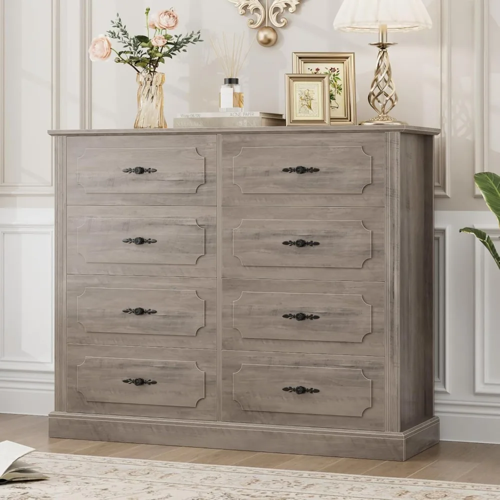 Grey Dresser Chest of Drawers, 47.2” Farmhouse Dresser Wood Dresser 8 Drawer Dresser with Steel Handles, Modern Dresser