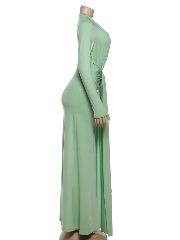 Kliou Elegant Ruched Long Dresses Woman Deep V-Neck Full Sleeve Kink Bandage High Waist Evening Prom Party Simple Basic Vestidos