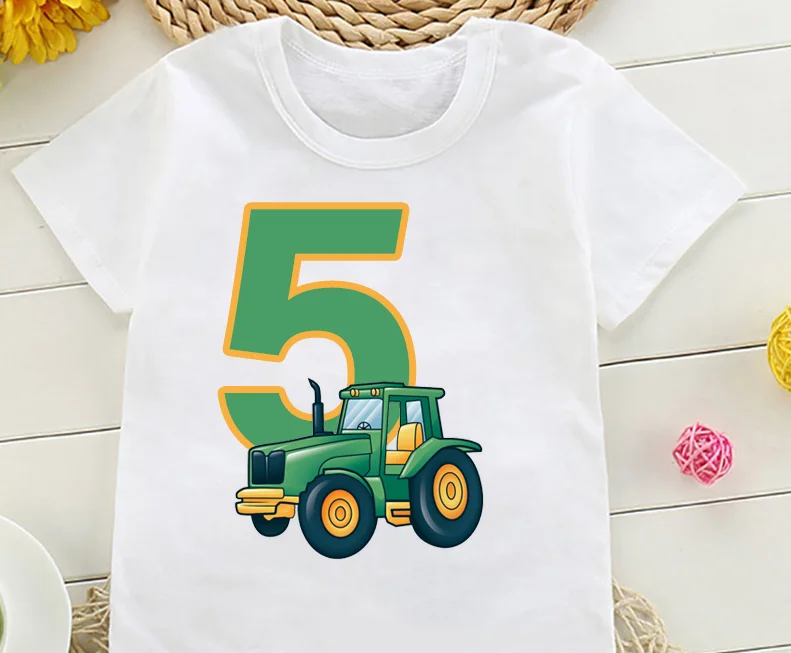 Bonito agricultor trator 1-8 anos de idade feliz aniversário t camisa crianças festa de aniversário presente engraçado t camisa topos