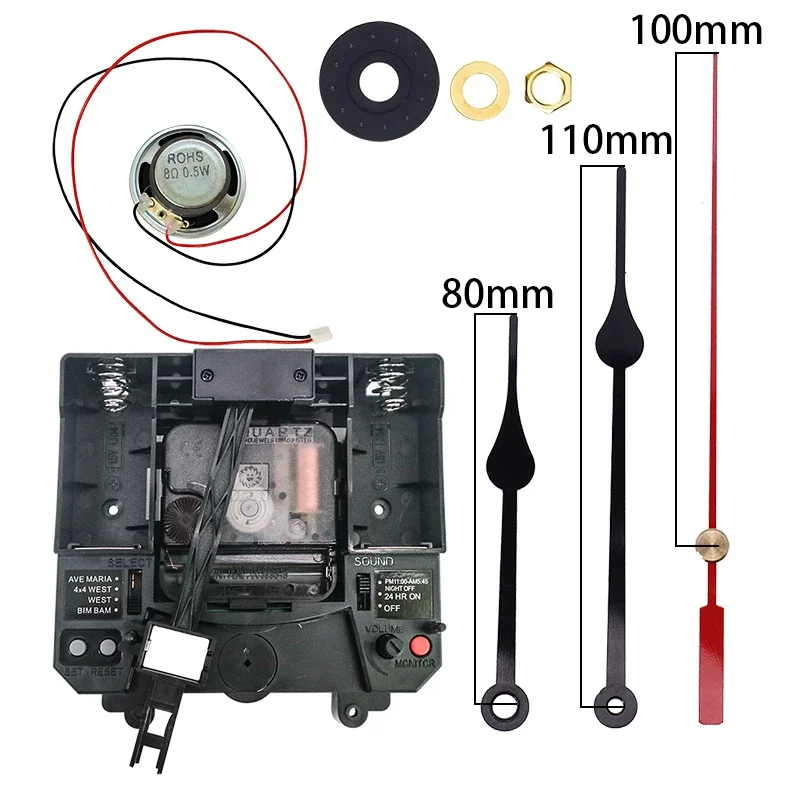 Musical Chime Pendulum Clock Movement with Speaker 123mm 175mm Black Hands Quartz Mechanism DIY Wall Clock Repair Parts Kit