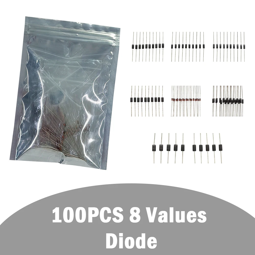 8 Values100PCS Diode Electronic Component Kit 1N4148 1N4007 1N5819 1N5399 1N5408 1N5822 FR107 FR207