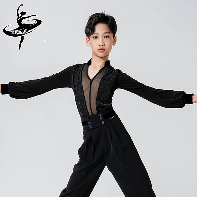 

Новые топы для латиноамериканских танцев 2026 года для мальчиков: свободная рубашка с V-образным вырезом и длинными рукавами для самбы, ча-ча-ча, танго, детская одежда для выступлений по латиноамериканским танцам