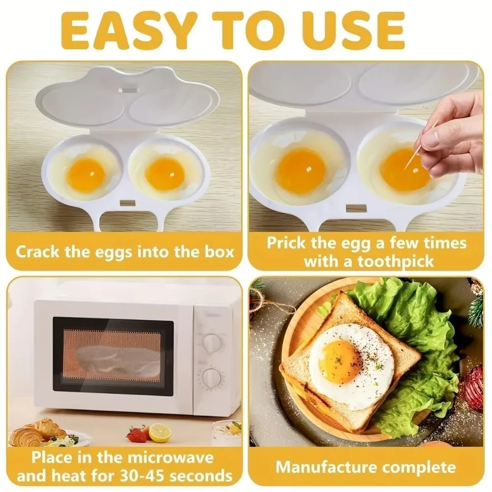 Food Grades Plastic Microwave Egg Cooker Non-Stick with Lid Egg Fryer Double Cup Heat Resistant Steamed Egg Box Kitchen Gadgets