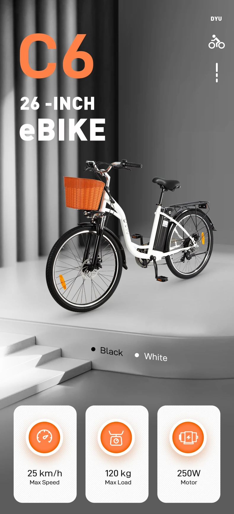DYU C6 Elektrofahrrad 26 Zoll 250W All-Terrain-Elektrofahrrad 36V 12,5AH Batterie Elektrofahrräder für den Stadtverkehr – Detail 1
