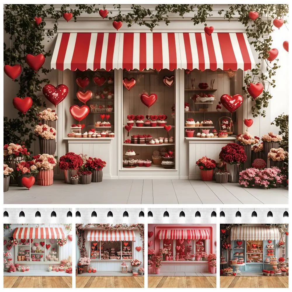 

Valentines Day Sweet Cake Shop Backdrop Photography Flowers Love Heart Balloons Kid Couple Portrait Photo Background Photostudio