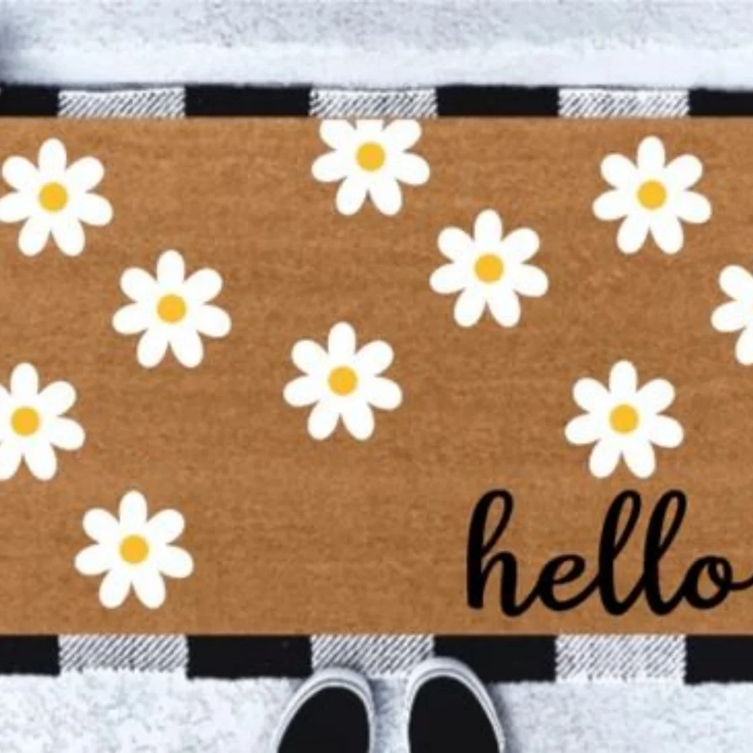 Hello Daisy Coir Door Mat White Flower Print Indoor Outdoor Front Porch Welcome Doormat Home Entrance Decor Rug