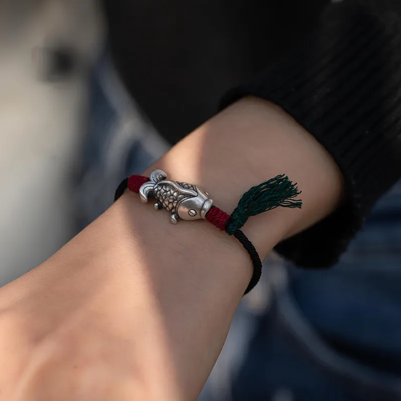 

Tibetan Cotton Braided 925 Silver Koi Handwoven Cord Wenwan Bracelet Versatile Ethnic Style Unisex Daily Wear Premium Top Gift